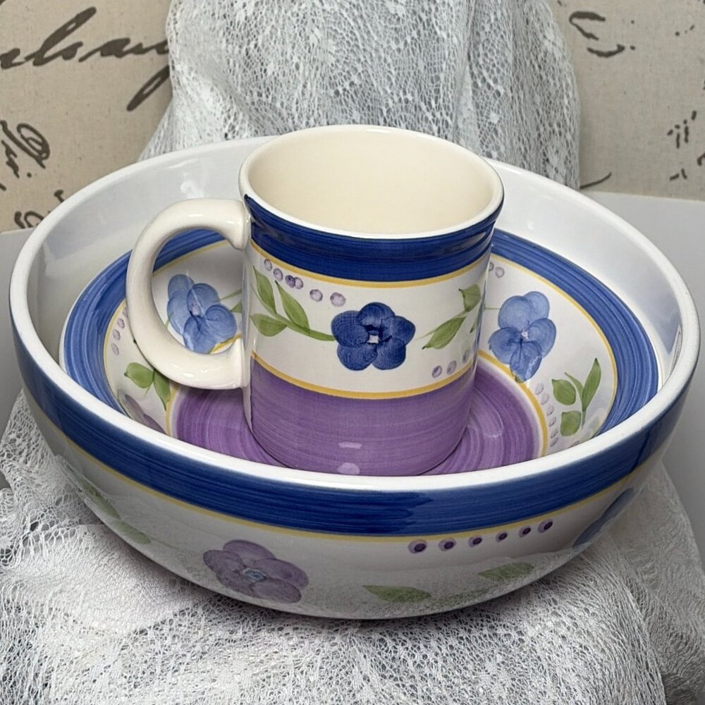 Gibson Housewares "Bella" Floral Purple 3-Piece Set circa 2000s VTG Cottagecore